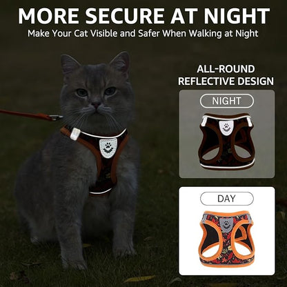 SCENEREAL Fall Thanksgiving Cat Harness and Leash Set Escape Proof, Soft Mesh Kitten Harness for Walking Travel, Reflective Adjustable Pet Vest with Leaf Print for Cat Puppy, M