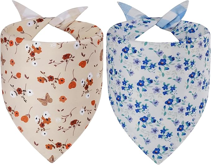 Spring Dog Bandanas Small 2PCS, 4 Pattern Summer Floral Scarf for Boy and Girl, Triangle Reversible Bibs Breed for Puppy Pets