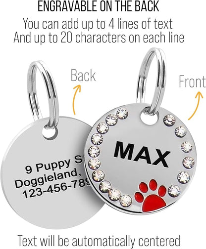 Paw Shape Dog ID Tag Stainless Steel Custom Laser Engraved, Cute Bling Glitter Pet Name Tags Personalized with Durable Engraving (Silver Round Crystals Paw)