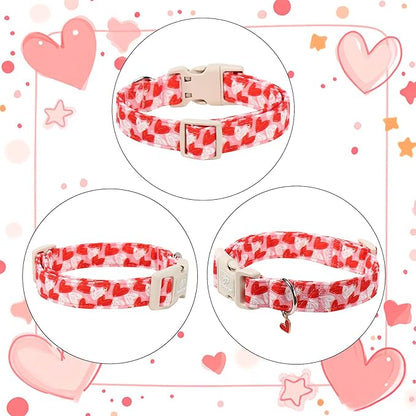 Valentines Dog Collar for Small Dogs - Cute Pink Girl Dog Collar, Doodle Heart Pattern, Adjustable Valentine Dog Collars with Red Heart Charm S