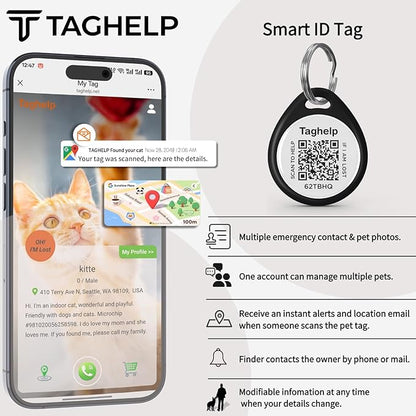 QR Code Cat ID Tag for Collar, Smart Pet ID with Free Online Profile, Instant Scan to Contact Owner, Silent Anti-Lost Cat Tag, No App or Subscription, Black 1”