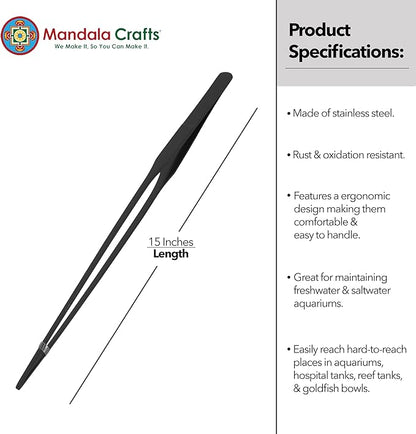 Mandala Crafts 15 Inches Black Stainless Steel Straight Aquarium Tweezers for Aquatic Plants – Long Aquascape Forceps for Fish Tanks, Hospital Tanks, Goldfish Bowls, and Terrariums