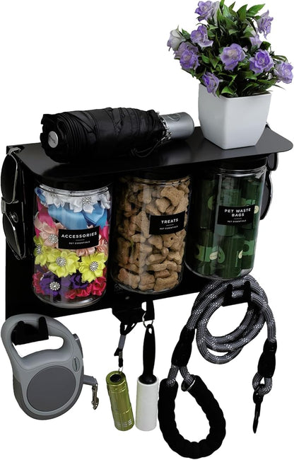 Dog Treat Holder For Wall Storage For Pets, Premium Pet Wall Organizer, Includes Three 32oz Airtight Dog Treat Jars, 3 Sets of Triple Hooks, Sturdy Shelf in Modern Black
