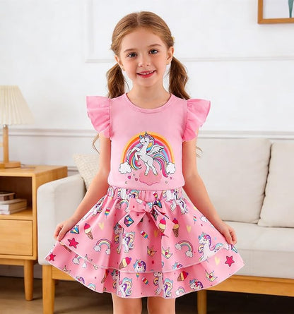 Girls Skirt Set 2 Piece Outfit Toddler Summer Clothes Ruffle Sleeve T-Shirt Bow Knot Tutu Skirt Outfit Set