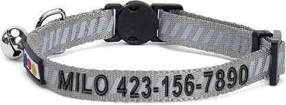 Pawtitas Personalized Cat Collar with Breakaway Safety Release Buckle Adjustable Length | Cat Collar with Custom Embroidered for Your Pet's Name and Phone Number | Grey Cat Collar with Removable Bell
