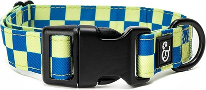 Lucy & Co. Have a Nice Day Dog Collar - Durable Lightweight Designer Collar for Pets - Adjustable Metal Safety Buckle - Lime Green Blue Checker - Large