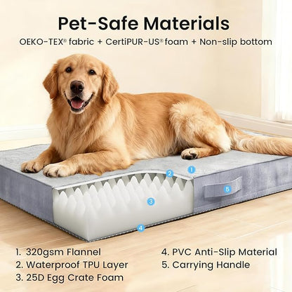 OhGeni Orthopedic Waterproof Dog Bed for Large Dogs, Machine-Washable Removable Cover in Easy-Clean Fabric, High Density Foam & Easy-Carry Handle, Wider and Larger, 44 inch (Gray)
