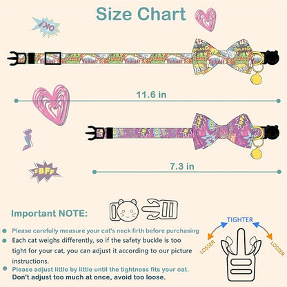 Faygarsle 2 Pack Cotton Designer Breakaway Cats Collar with Bow Tie and Bell Graffiti Style Cat Collars for Girl Female Boy Male Cat Collar with Bell Collars for Cats Purple Yellow