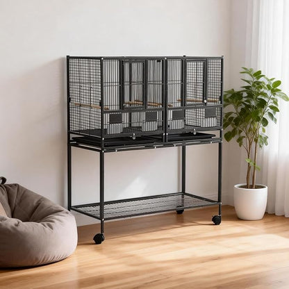 43 Inch Bird Cage with Wooden Perches, Standing Wrought Iron Birdcage with Wheels, Large Parrot Cage Bird Cages with Slide-Out Tray Water Bottle Feeder for Parakeets,Cockatiel, Canary,Pigeons
