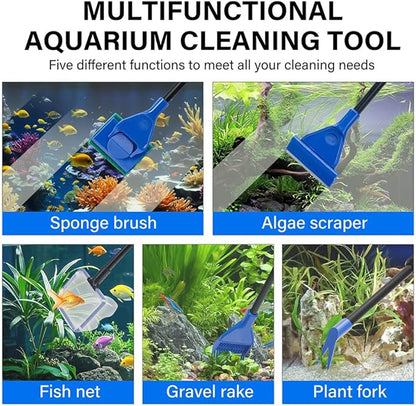 5 in 1 Fish Tank Cleaner Kit Aquarium Cleaning Tools with 22~32 Inch Extendable Non-Slip Handle Fish Tank Cleaner with Algae Scraper and Fish Net