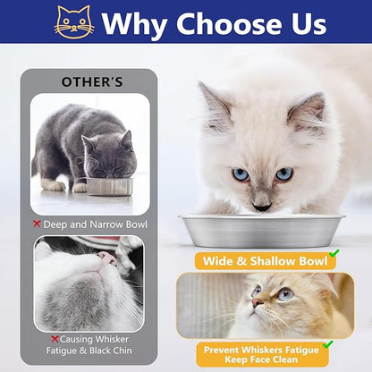 2-Pack Stainless Steel Cat Food Bowls, Shallow Whisker-Friendly Non-Slip Silicone Base Metal Dishes, Easy to Clean Indoor Water Flat Plates for Cat, Kitten, Small Dog (5.9")