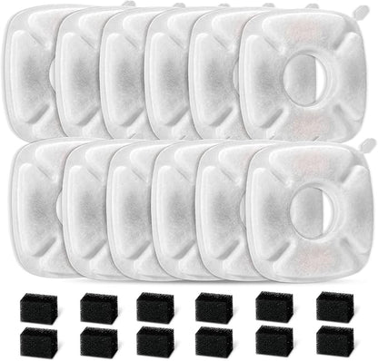 24 Pcs Cat Fountain Replacement Filters：12 Pack Replacement Filters with 12 Pack Pre-Filter Sponges, Pet Fountain Filter Fit for 95oz/2.8L Automatic Pet Fountain Cat Water Fountain