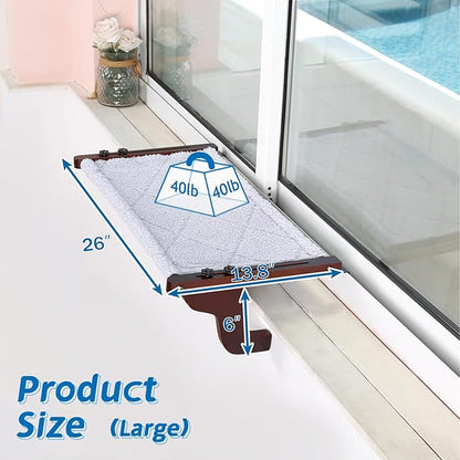 Zakkart Easy Seat Cat Perch for Window Sill - Hammock Design w/Premium Wood & Robust Metal Frame - Cat Window Seat for Large Cats and Kittens (Dark Stained Wood w/Gray Bed, Large (26''W x 14''D))