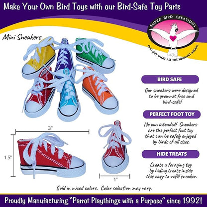 Super Bird Creations SB50010 Sneaker Bird Toy - Durable Safe Chew Toy - Ideal for Cockatiels Parakeets Parrots Small to Large Birds - Vibrant, Assorted Colors 3" x1-1/2 x 1-3/8" (12 Pack)