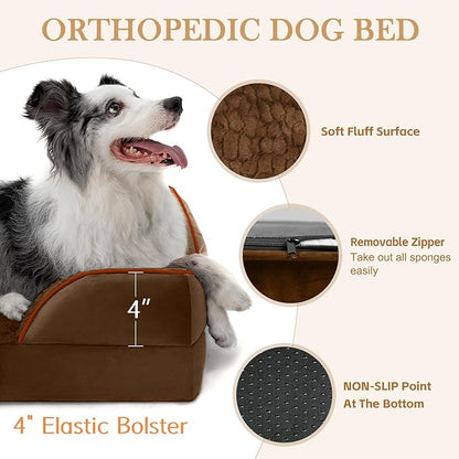 Comfort Expression Orthopedic Dog Bed for Medium Dogs 30x20 Inch, Waterproof Egg Crate Foam Medium Pet Bed with Removable Bolsters, Dog Couch with Washable Cover & Non-Slip Bottom, Dark Brown