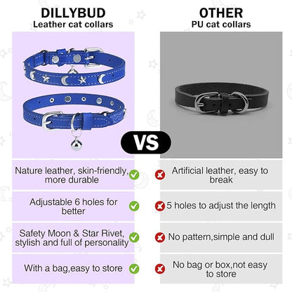 Leather Cat Collars for Boy Girl Cats with Bell and Safety Elastic Belt, Personalized Star and Moon Stud Adjustable Safe Buckle Collar for Kitty Small Big Cats Size 8-12 Inch, Blue
