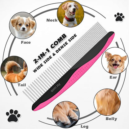 3PCS Pet Grooming Rake & Metal Comb & Flea Comb for Cats and Dogs, Double-Sided Dematting Tool, Extra-Wide Deshedding Dog Brush for Long Hair to Effectively Remove Tangles, Knots and Mats (Pink)