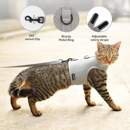Kitty Harness and Leash for Walking Escape Proof Breathable Mesh Fabric, Solid Grey, X-Small, Adjustable Cat Walking Jackets, Padded Stylish Cat Vest