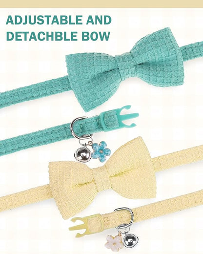 Cat Collar Breakaway with Bells, Soft Cotton Cat Bowtie Collar for Girl Boy Cats, Small Cats Collar with Bow for Spring Summer, 2 Pack Cute Kitten Collars with Removable Bowtie 8-12Inch