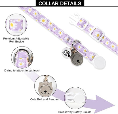 Lionet Paws 2pcs Pack Cotton Cat Collar,Breakaway Buckle with Daisy Pattern and Brand Pendant Cute Adjustable Cat Kitten Collar,Ideal for Girl Cats Boy Cats