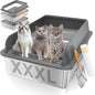 XXXL Stainless Steel Sifting Litter Box with Lid, 28'' L × 20'' W Extra Large Sifting Cat Litter Box for Pine Pellets & Big Cats & Multiple Cats, Metal Pellet Sifter Litter Pan System for Odor Control