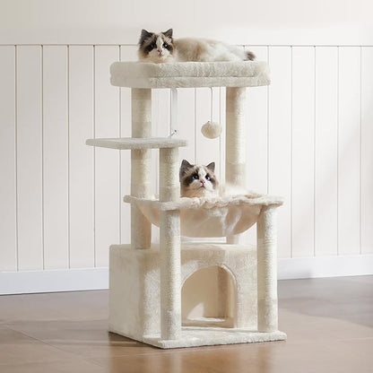 Heybly Cat Tree, Kitten Tower with Large Soft Cat Basket, Cat Condo with Spacious Cat Bed Cave with Hidden Space, Sisal-Covered Scratching Posts, Dangling Ball for Indoor Cats, Beige HCT008SM