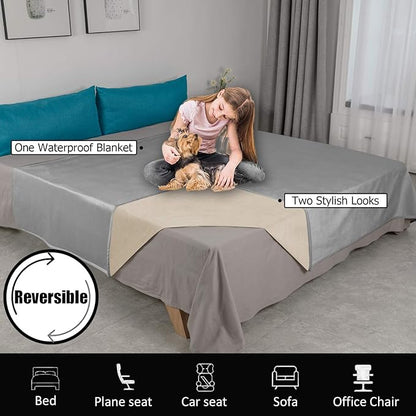 Ameritex Pet Bed Blanket Reversible 100% Waterproof Velvet Super Soft for Sofa and Bed (82x82 Inches, Light Grey+Beige)