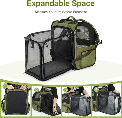 Lekebobor Large Cat Backpack Carrier Expandable Pet Carrier Backpack for Small Dogs Medium Cats Fit Up to 18 Lbs, Dog Backpack Carrier, Foldable Puppy Backpack Carrier for Travel, Hiking,Dark Green
