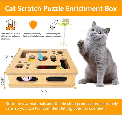 Interactive Wooden Cat Scratch Puzzle Enrichment Box,Cat Nail File Enrichment Box, Features Built in Sandpaper to Help Trim Claws During Play. (Burlywood Color)