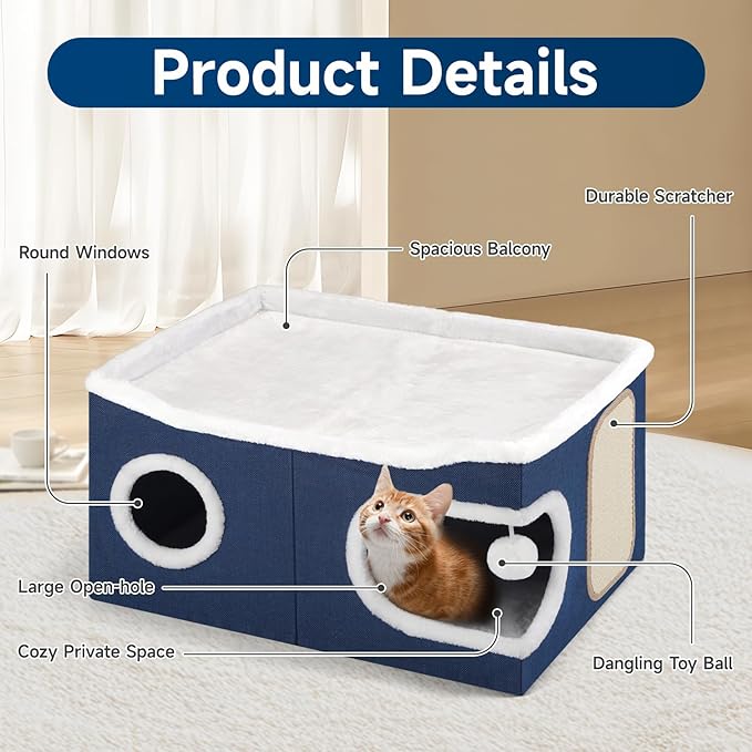 Shikha Cat Beds for Indoor Cats, Extra Wide Cat Cube House for Multi Cats, Foldable Cat Cave Hideaway with Arc-Edge Design & Oval Door, Reversible Cushion for All Seasons, 24"L x 17.7"D x 12.6"H, Blue