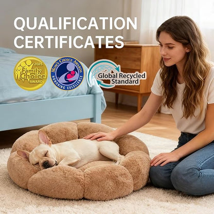 OhGeni 27 inches Calming Donut Dog & Cat Bed for Medium Pets, Warming Comfort Fluffy Short Pile Fur, Durable Machine Washable, Cute Round Bed for Puppy and Kitten, Camel