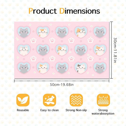 Cat Feedings Mats 20x12 inch Pink Kitten Print Pet Bowl Placemat Non Slip Mat for Cat Food and Water Indoor Kitty Feeding Station Cute Cats Meal Mats for Small Pets Kitchen Floor Use