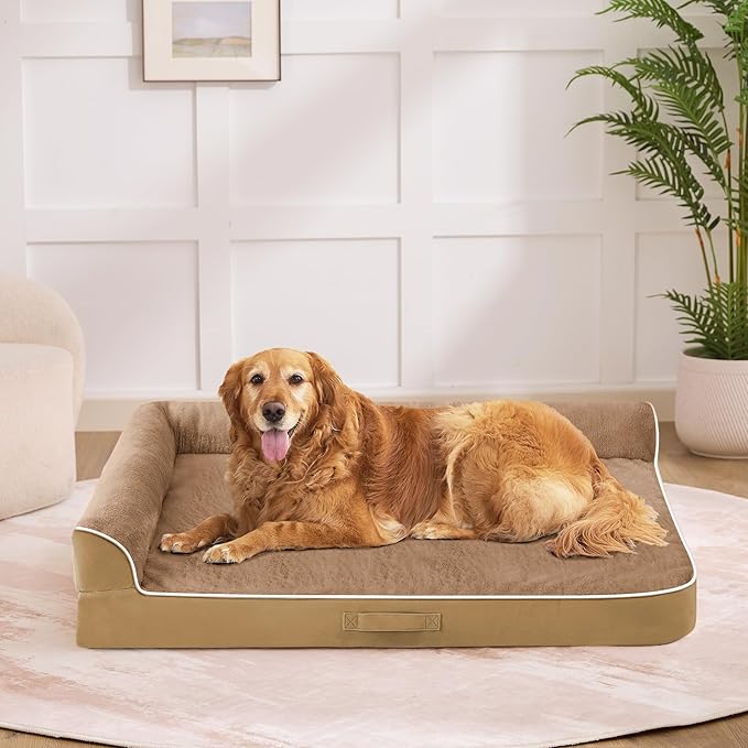 Dog Bed Large Sized Dogs, Orthopedic Dog Bed for Large Dogs, Waterproof Pet Bed with Washable Removable Cover, L-Shaped Pet Couch with Portable Handle 36"x27"x6.5", Camel