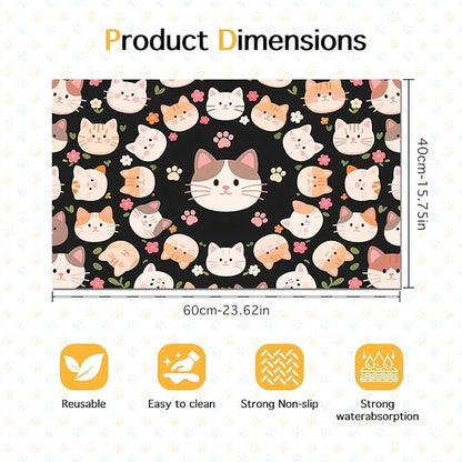 Cat Feeding Mat 24x16 inch Black Kitten Print Pet Bowl Placemat Non Slip Floor Mat for Food and Water Indoor Kitty Feeding Station Cute Meal Pad for Small Pets Kitchen Use