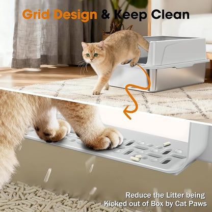 2PACK Stainless Steel Cat Litter Box with Lid, High-Sided Metal Litter Pan for Small Cats, Kitty Litter Box, Non-Stick & Odor-Resistant, Anti-Urine Leakage, Easy to Clean, Scoop Included