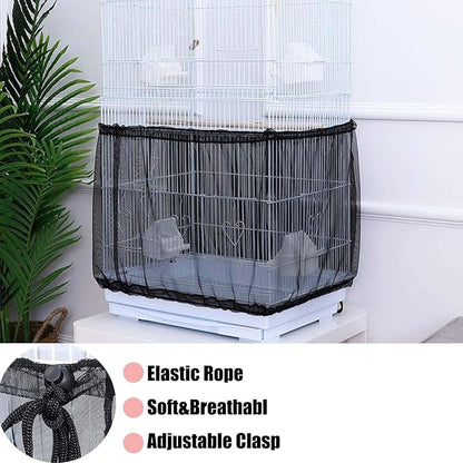 Allazone Bird Cage Seed Catcher, Large Bird Cage Cover, 75-118'' Universal Adjustable Birdcage Cover Skirt Soft Airy Nylon Mesh Net for Parakeet Macaw African Round Square Cage, Black