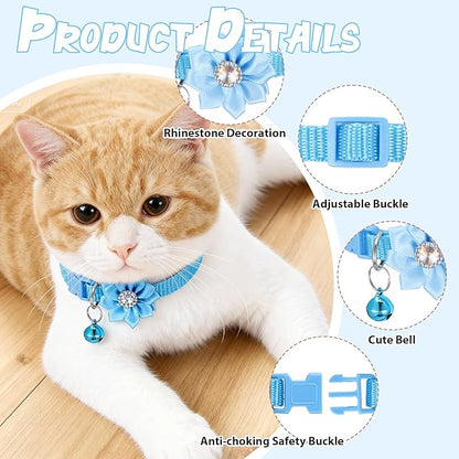 6 PCS Cute Cat Collar Breakaway with Bell, Adjustable Flower Girl Cat Collars, Rhinestone Kitten Collar Breakaway with Bells, Solid Color Cats Bell Collars, 6 Colors