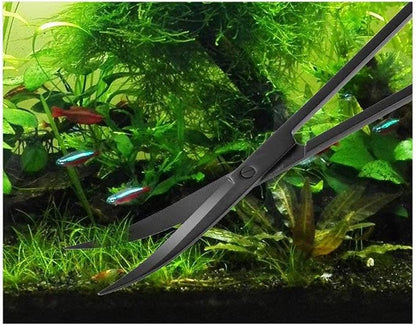 A2Z-Aquascaping Maintenance Tools Accessories,Anti-Rust Stainless Steel Tweezers Scissors Spatula for Aquarium Tank Clean, Fish Tank, Bonsai, Algae Scrapers (12" Scissors - Curved - Black)