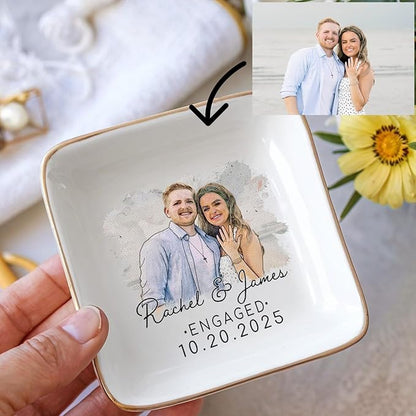 Personalized Couple Portrait Photo Ring Dish Engagement Gift, Ring Holder Dish Wedding Gift, Trinket Dish for Bride Wife, Jewelry Tray Gifts for Newly Engaged Couple Anniversary