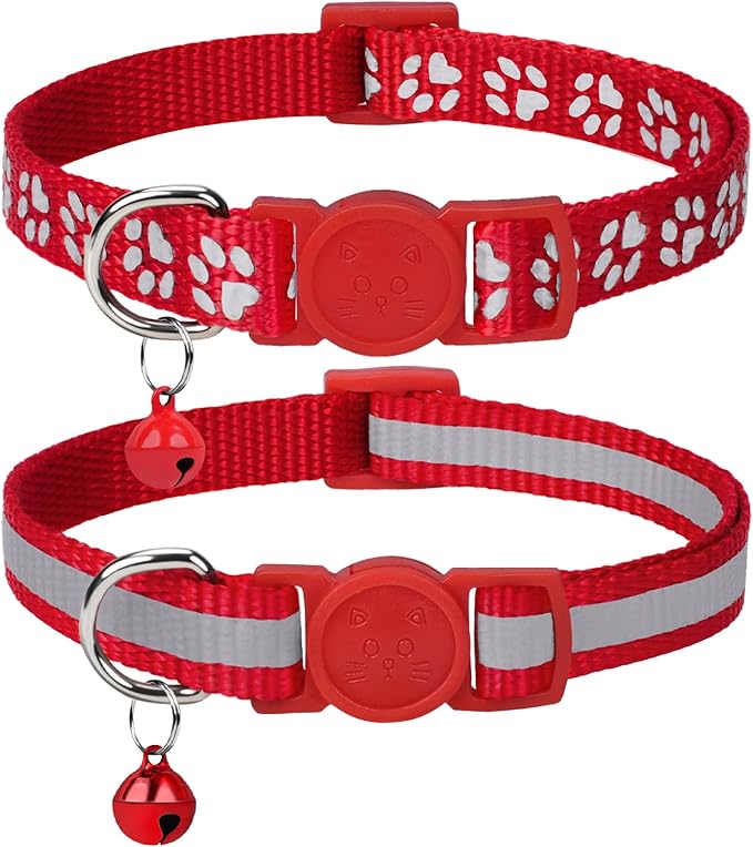 Taglory Reflective Cat Collar Breakaway with Bells, 2 Pack Girl Boy Pet Cat Collar Adjustable 7.5-12.5 Inch, Red