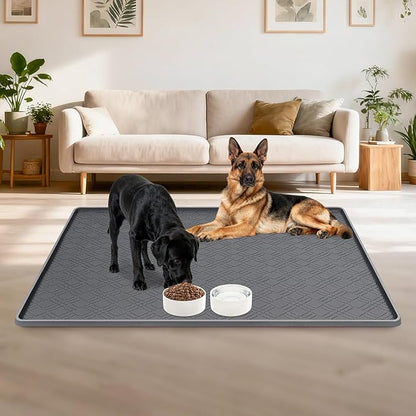 Lanstics Dog Food Mat, 42" x29" Large Silicone Mat Dog Feeding Mat with Raised Edge Non-Slip Pet Feeding Mat for Food and Water Bowl, Easy to Clean, Floor Protection (Dark Gray)