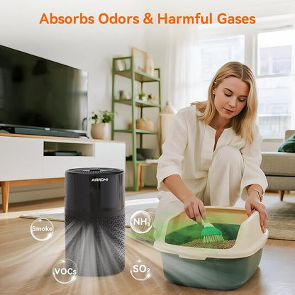AIRROMI Pets Air Purifier for Home Allergies,Up to 660 ft².HEPA Deodorizing Activated Carbon Filter,With Fragrance Sponge for Better Sleep,Night Light,Pet Dander,Smoke,Odors,Air Cleaner A2002 Black