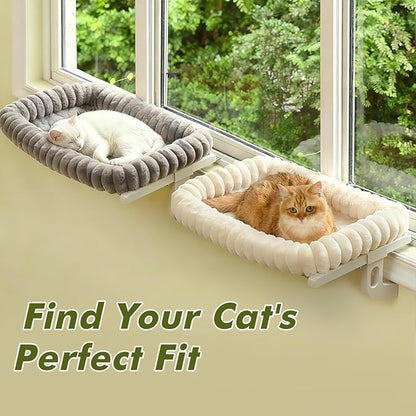 Cloud-Cuddle Cat Window Perch with 4-Sided Bolster, Zipper Design Cushion Window Seat for Window Sill, Sturdy Metal Frame & Easy Assembly Pet Hammock Bed for Indoor Cats (White, Medium)