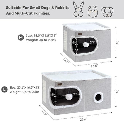 Cat Bed for Indoor Cats Cube House, Covered Cat Cave Beds & Furniture with Scratch Pad and Hideaway Tent, Cute Modern Cat Condo for Multi Small Pet Large Kitten Kitty, Large, Dark Grey