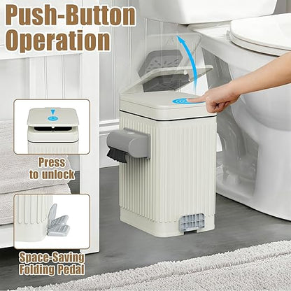 Dog Poop Trash Can for Outside & Indoor, 5L/1.3Gal Small Odor Control Pet Waste Bin with Carbon Filter, 2-Way Open (Step & Press Top), Dog Waste Container with Trash Bag Holder, White