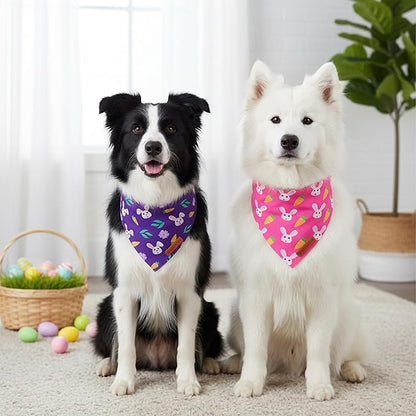 ADOGGYGO Easter Dog Bandana 2 Pack, Bunny Carrot Print Triangle Pet Scarf, Premium Fabric, Reversible Purple Pink Easter Bandana for Medium Large Dogs (Large)