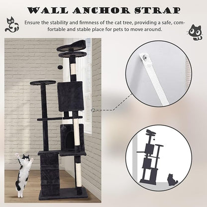 Heavy Duty Cat Tree Tower, 70" Tall Cat Tower for Indoor Cats with Cat Scratching Post with Bed, Cat Condo, Hanging Ball, Multi-Level Cat Climbing Tower Cat Trees Furniture Activity Center, Dark Grey