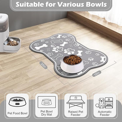 Dog Cat Food Mat,Rapid Absorbent Pet Feeding Mat, Bone Shaped Dog Placemat Water Bowl Mat with Rubber Backing,No Stains Dog Cat Food Mats Indoor, Pet Accessories Supplies 16"×24" Grey