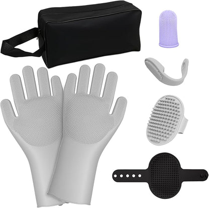 7PCS Pet Grooming Kit for Dogs and Cats，with Storage Bag & Includes Dog Washing Gloveswith High-Density Teeth, Adjustable Handle Dog Shampoo Brush, Dog Finger Toothbrush (Gray)