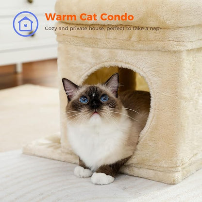 PEQULTI Cat Tree Cat Tower for Indoor Cats with Private Cozy Cat Condo, Natural Sisal Scratching Posts and Plush Pom-pom for Small Cats,Beige